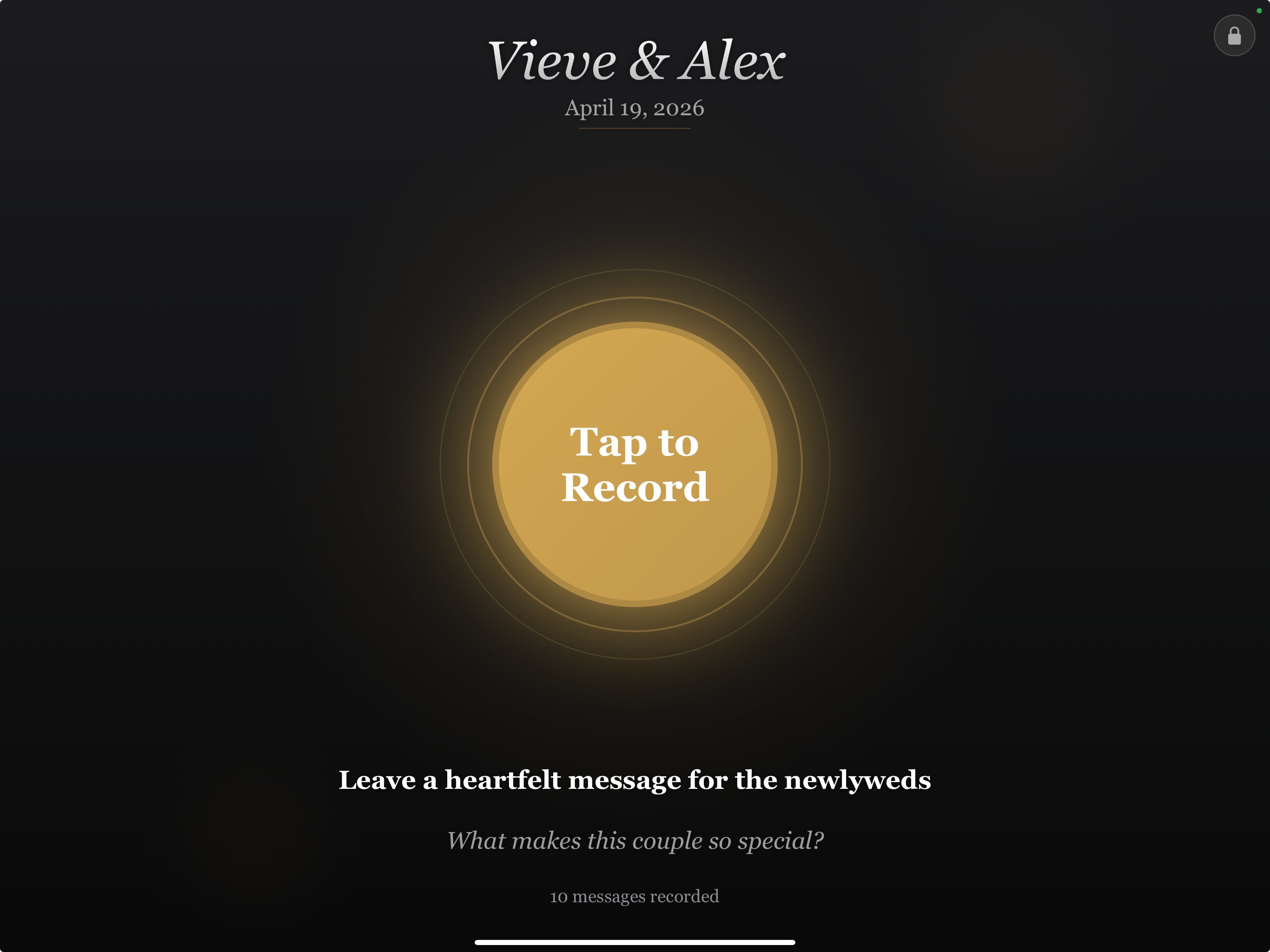 ReelToast app idle screen for Vieve & Alex wedding